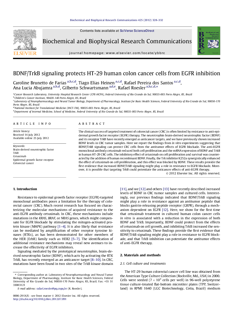 BDNF/TrkB signaling protects HT-29 human colon cancer cells from EGFR inhibition