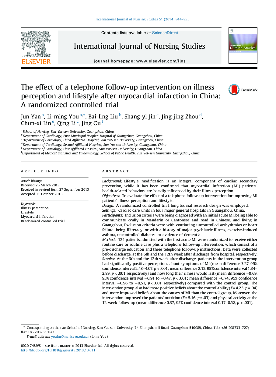 The effect of a telephone follow-up intervention on illness perception and lifestyle after myocardial infarction in China: A randomized controlled trial