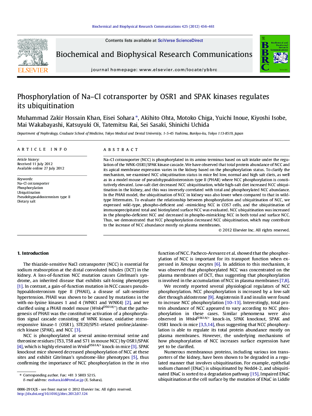 Phosphorylation of Na-Cl cotransporter by OSR1 and SPAK kinases regulates its ubiquitination