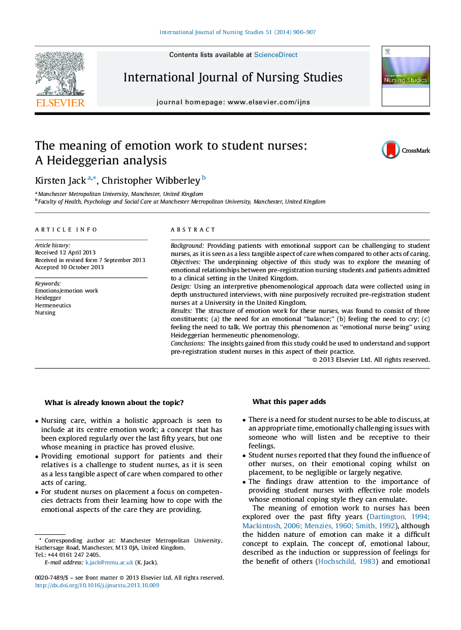 The meaning of emotion work to student nurses: A Heideggerian analysis