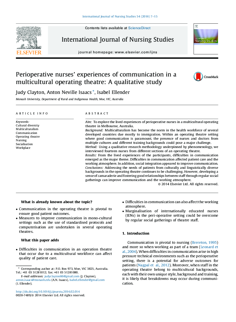 Perioperative nurses’ experiences of communication in a multicultural operating theatre: A qualitative study