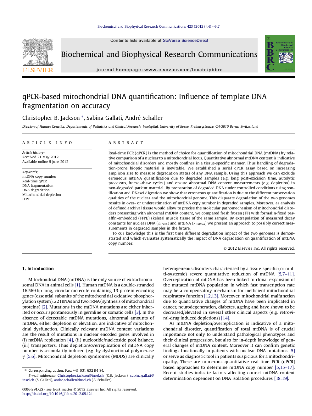 qPCR-based mitochondrial DNA quantification: Influence of template DNA fragmentation on accuracy