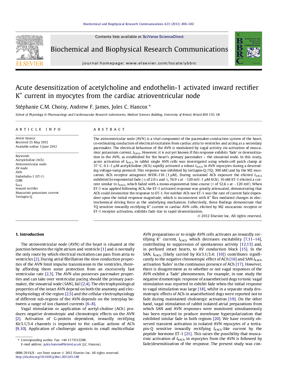 Acute desensitization of acetylcholine and endothelin-1 activated inward rectifier K+ current in myocytes from the cardiac atrioventricular node