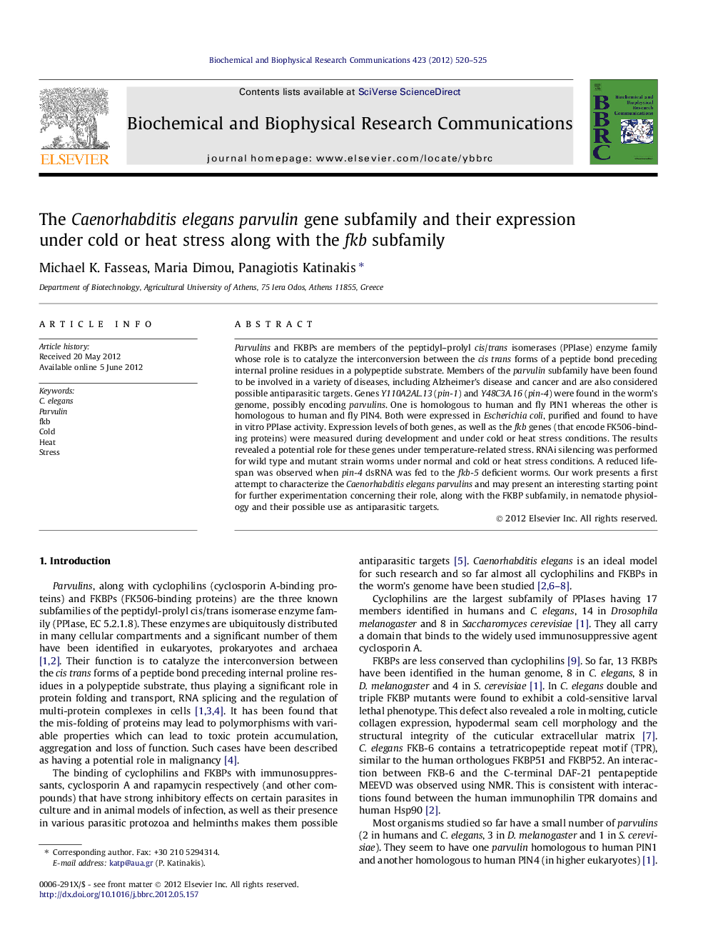 The Caenorhabditis elegans parvulin gene subfamily and their expression under cold or heat stress along with the fkb subfamily