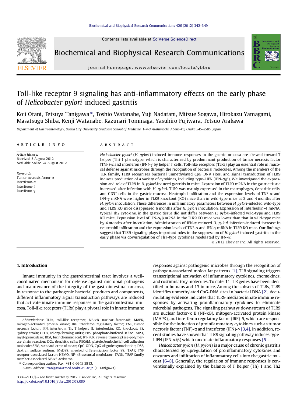 Toll-like receptor 9 signaling has anti-inflammatory effects on the early phase of Helicobacter pylori-induced gastritis