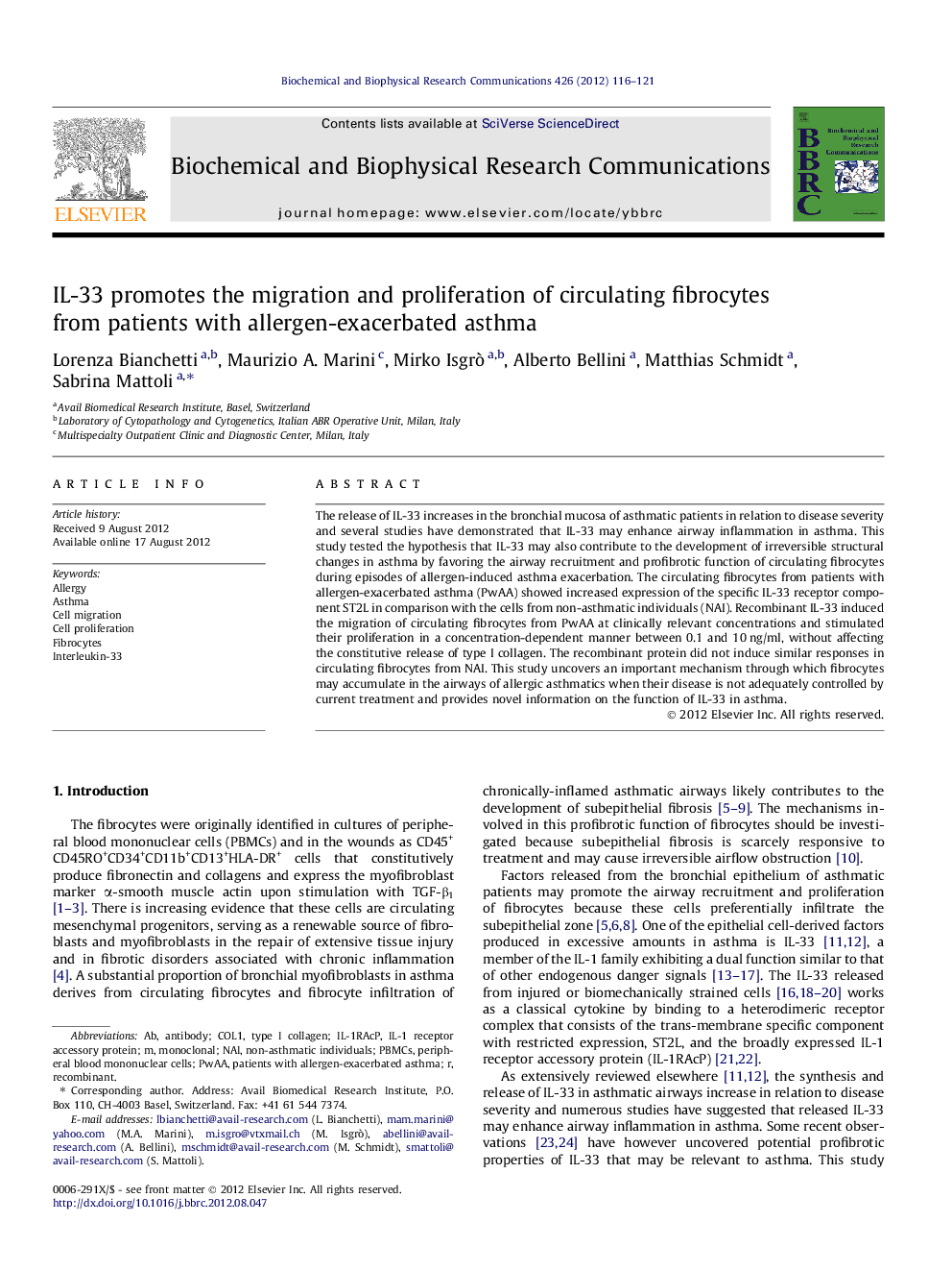 IL-33 promotes the migration and proliferation of circulating fibrocytes from patients with allergen-exacerbated asthma