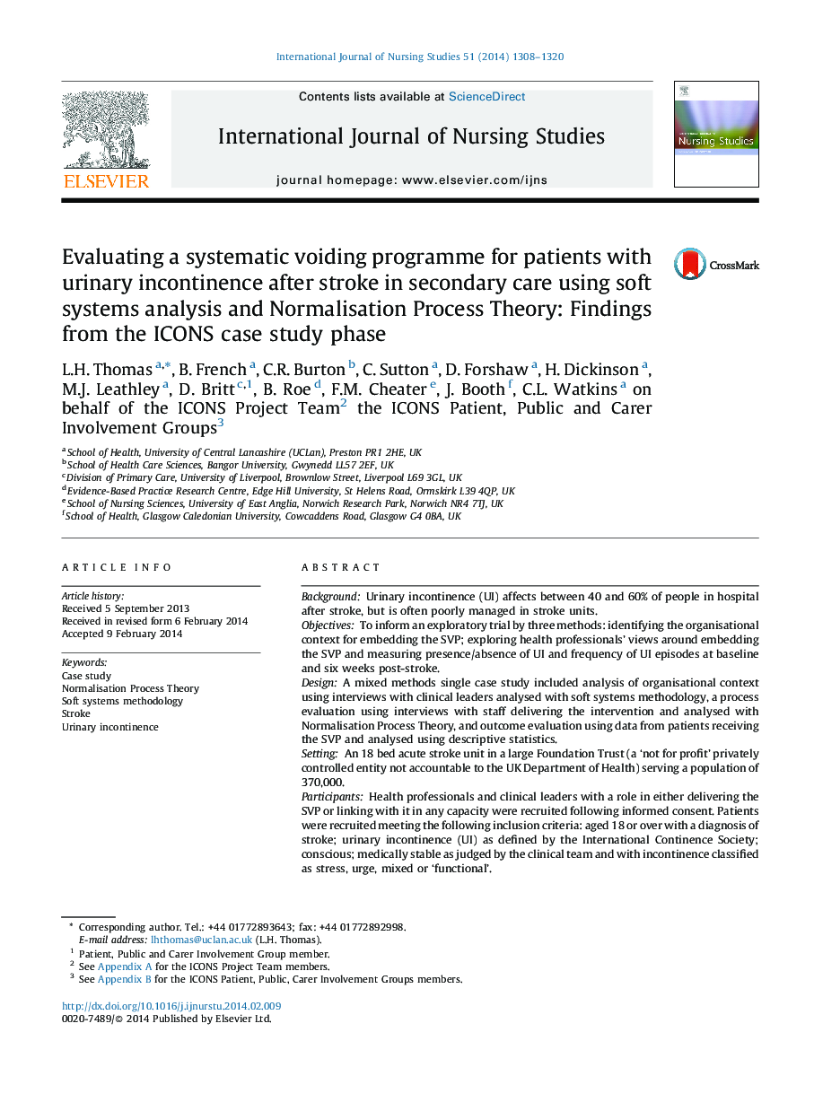 Evaluating a systematic voiding programme for patients with urinary incontinence after stroke in secondary care using soft systems analysis and Normalisation Process Theory: Findings from the ICONS case study phase