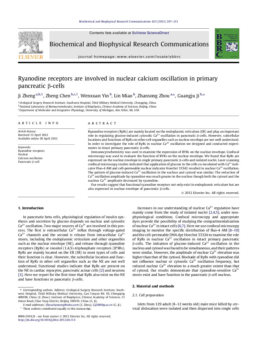 Ryanodine receptors are involved in nuclear calcium oscillation in primary pancreatic Î²-cells