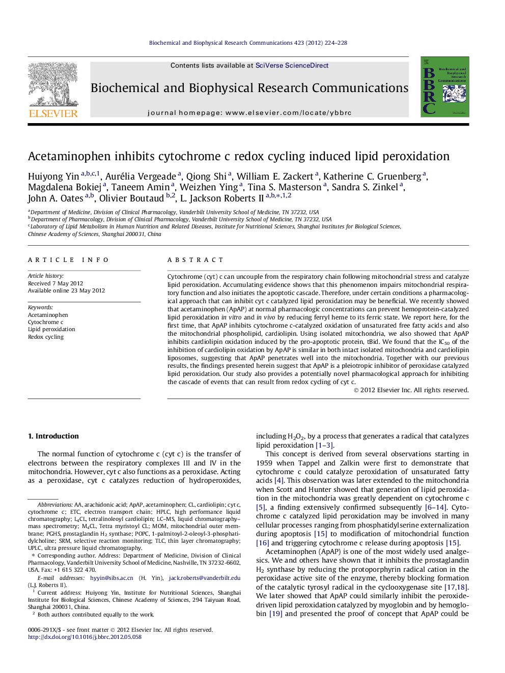 Acetaminophen inhibits cytochrome c redox cycling induced lipid peroxidation