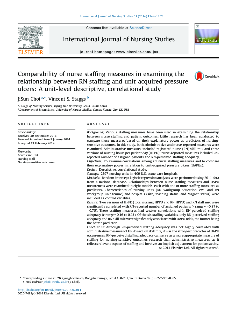 Comparability of nurse staffing measures in examining the relationship between RN staffing and unit-acquired pressure ulcers: A unit-level descriptive, correlational study