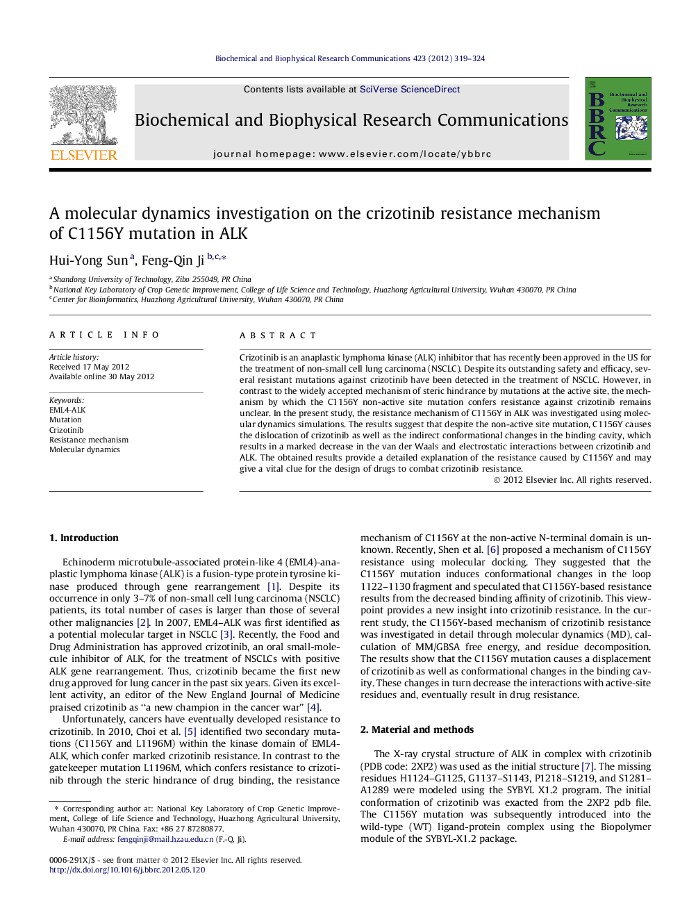 A molecular dynamics investigation on the crizotinib resistance mechanism of C1156Y mutation in ALK