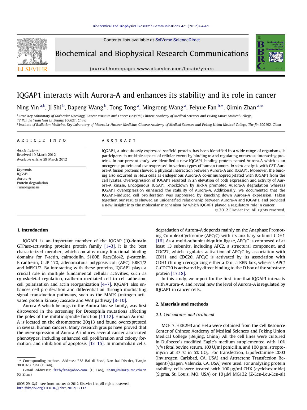 IQGAP1 interacts with Aurora-A and enhances its stability and its role in cancer