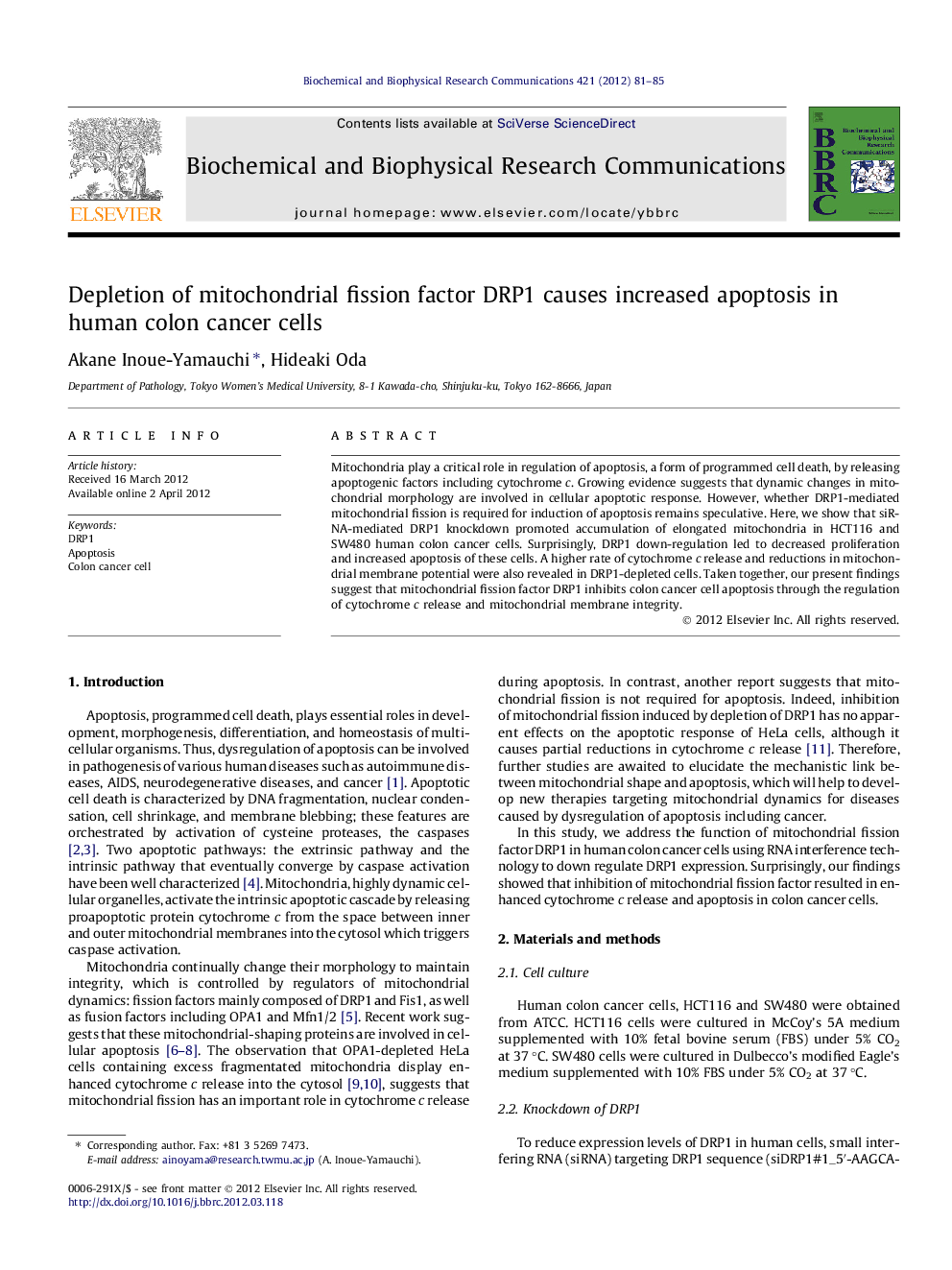 Depletion of mitochondrial fission factor DRP1 causes increased apoptosis in human colon cancer cells