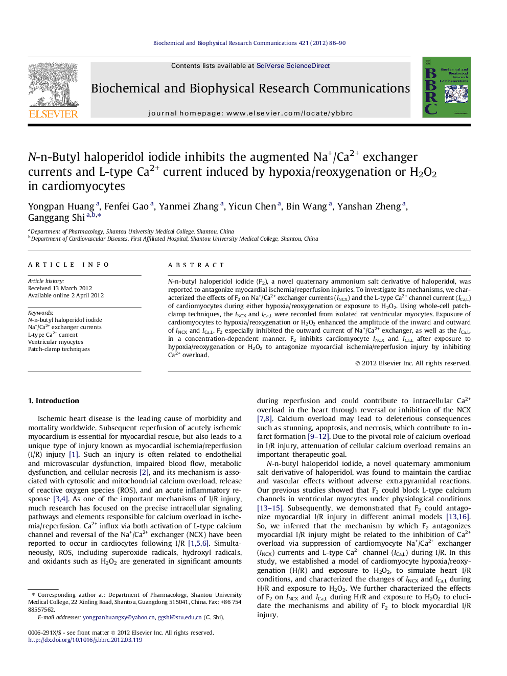 N-n-Butyl haloperidol iodide inhibits the augmented Na+/Ca2+ exchanger currents and L-type Ca2+ current induced by hypoxia/reoxygenation or H2O2 in cardiomyocytes