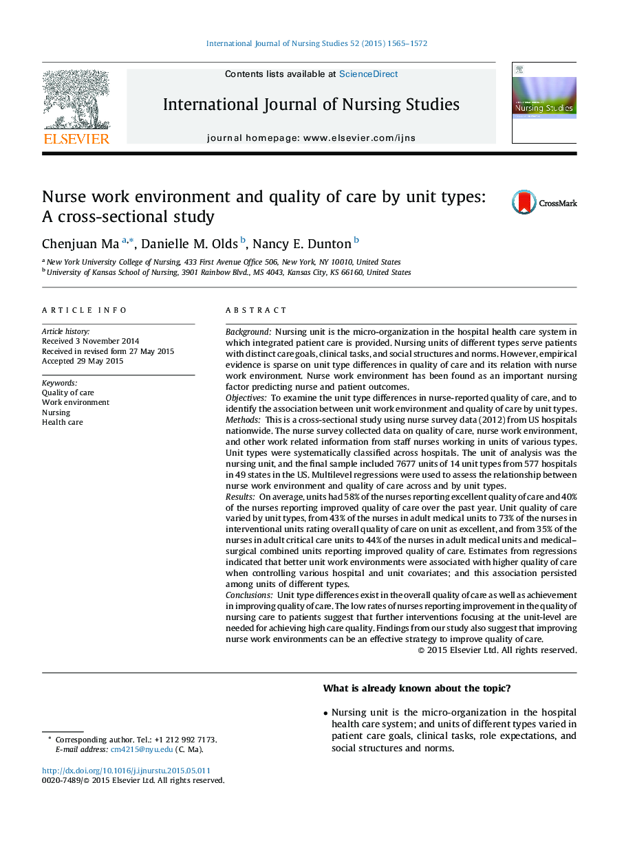 Nurse work environment and quality of care by unit types: A cross-sectional study