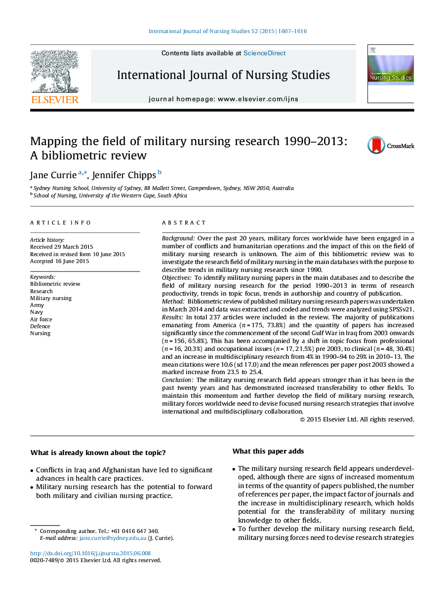 Mapping the field of military nursing research 1990-2013: A bibliometric review