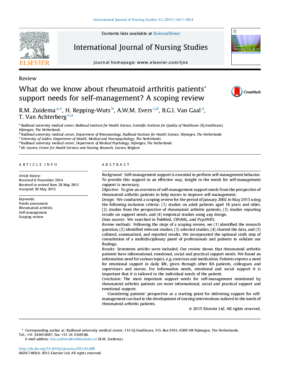 What do we know about rheumatoid arthritis patients' support needs for self-management? A scoping review