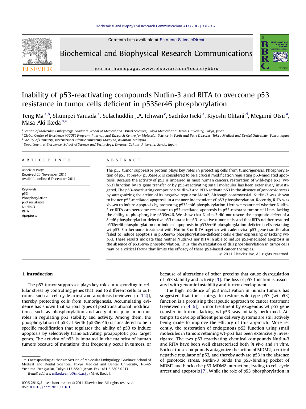 Inability of p53-reactivating compounds Nutlin-3 and RITA to overcome p53 resistance in tumor cells deficient in p53Ser46 phosphorylation