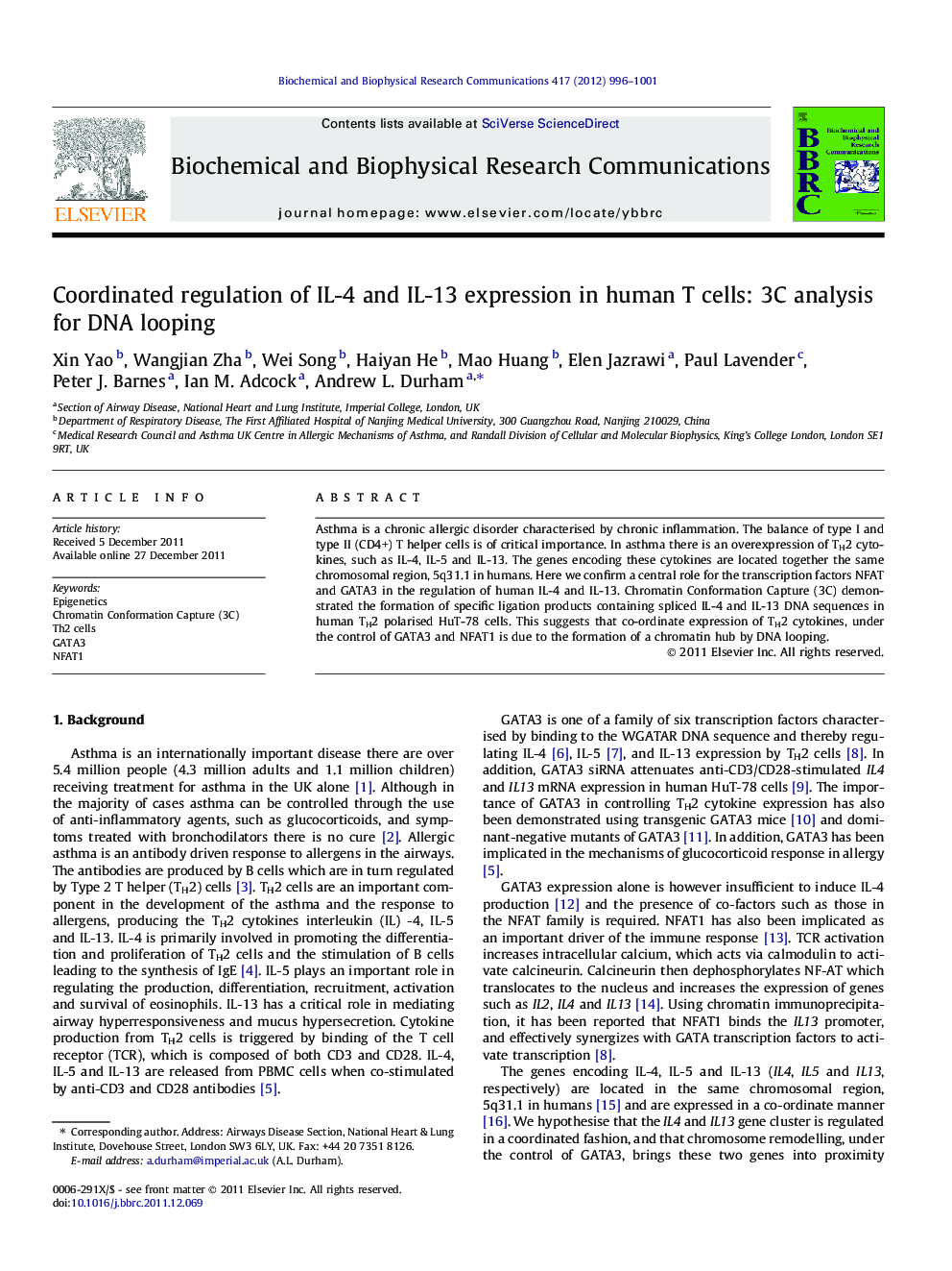 Coordinated regulation of IL-4 and IL-13 expression in human T cells: 3C analysis for DNA looping