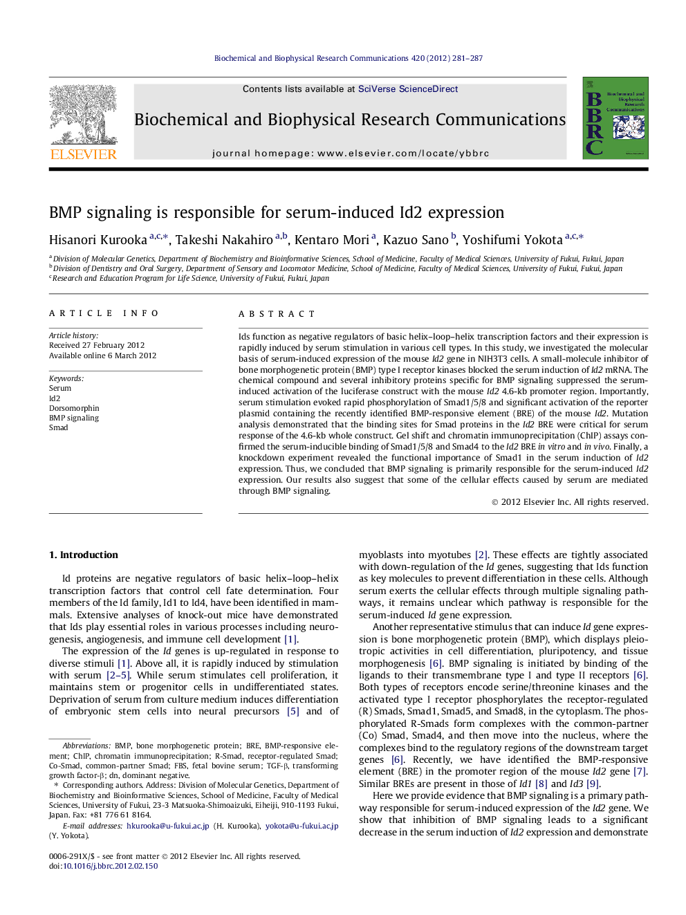 BMP signaling is responsible for serum-induced Id2 expression