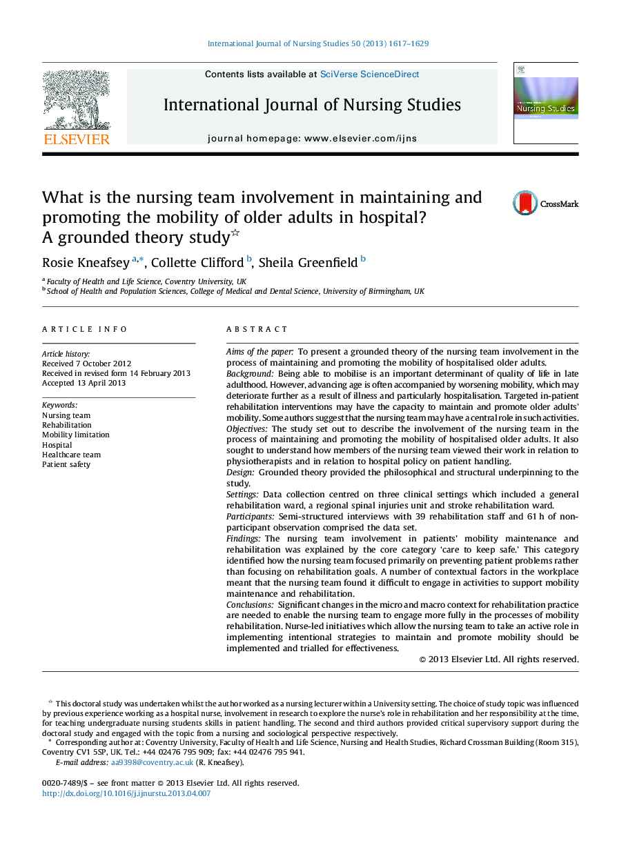 What is the nursing team involvement in maintaining and promoting the mobility of older adults in hospital? A grounded theory study 