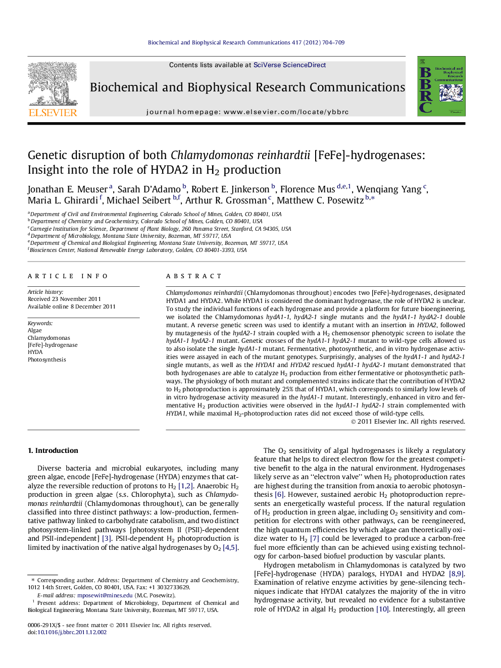 Genetic disruption of both Chlamydomonas reinhardtii [FeFe]-hydrogenases: Insight into the role of HYDA2 in H2 production