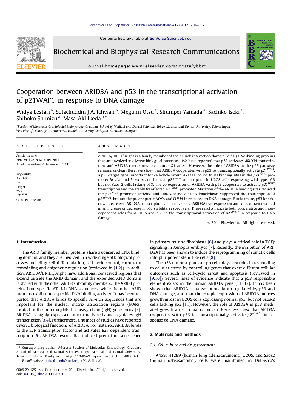 Cooperation between ARID3A and p53 in the transcriptional activation of p21WAF1 in response to DNA damage