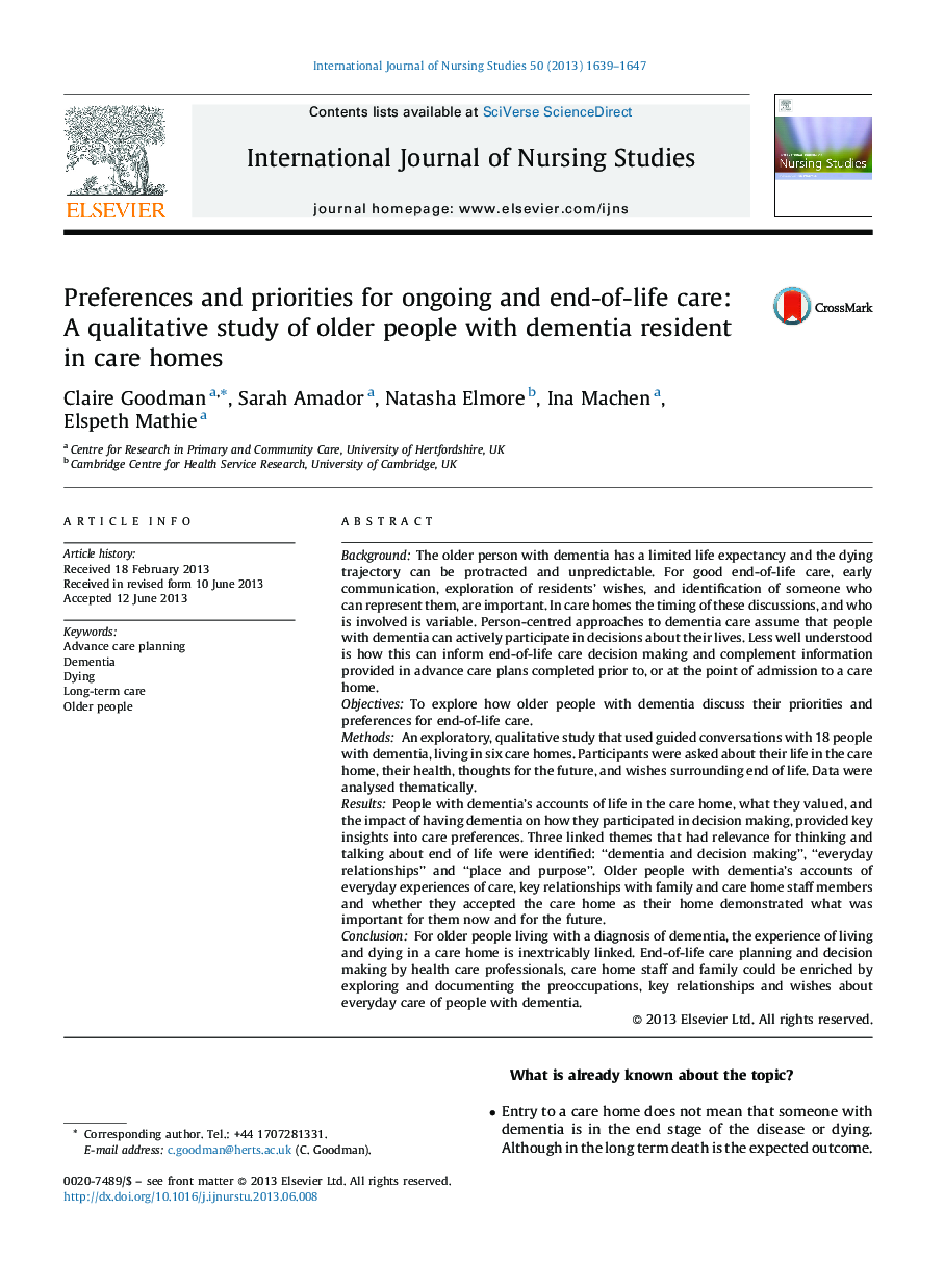 Preferences and priorities for ongoing and end-of-life care: A qualitative study of older people with dementia resident in care homes