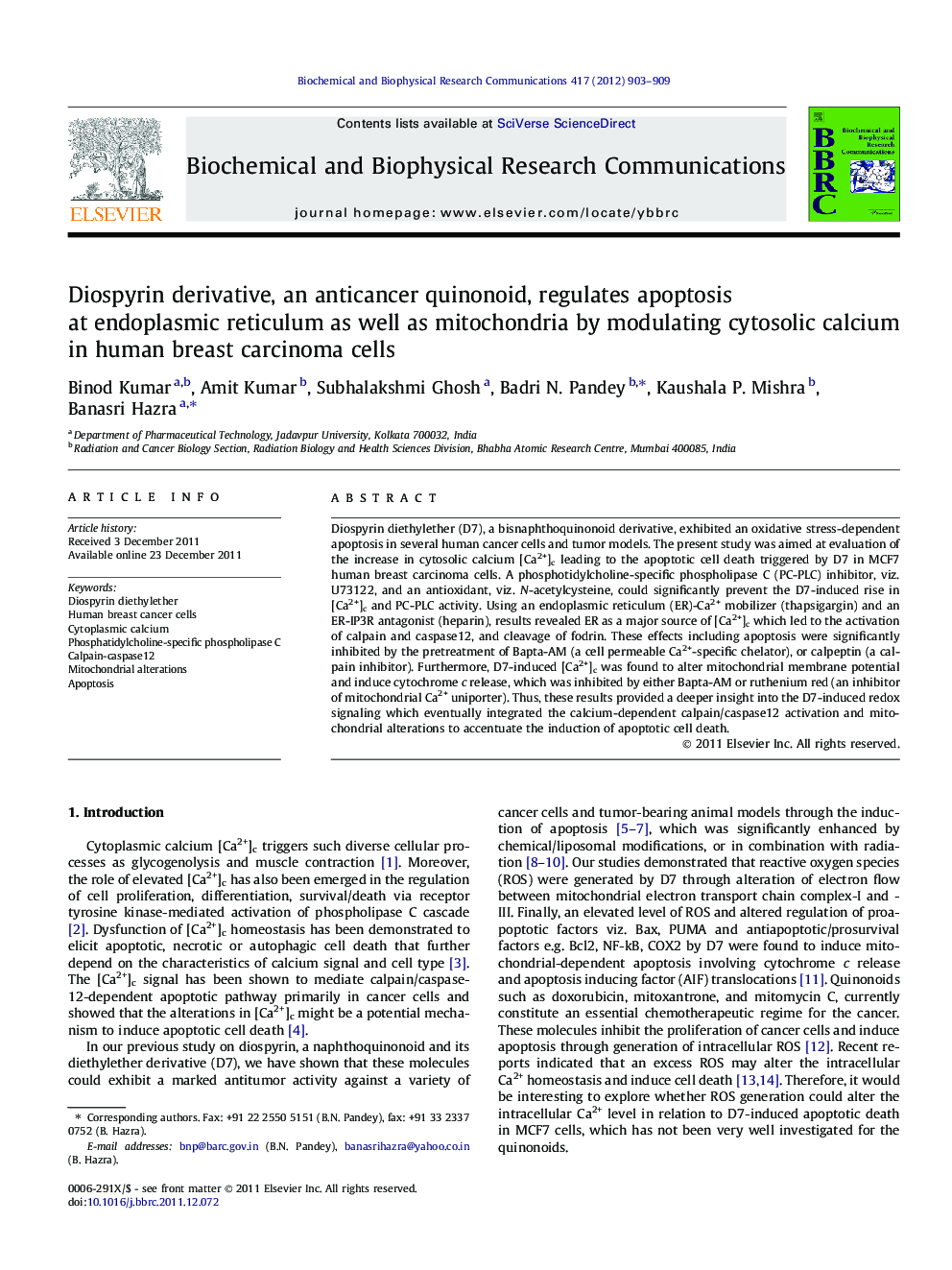 Diospyrin derivative, an anticancer quinonoid, regulates apoptosis at endoplasmic reticulum as well as mitochondria by modulating cytosolic calcium in human breast carcinoma cells