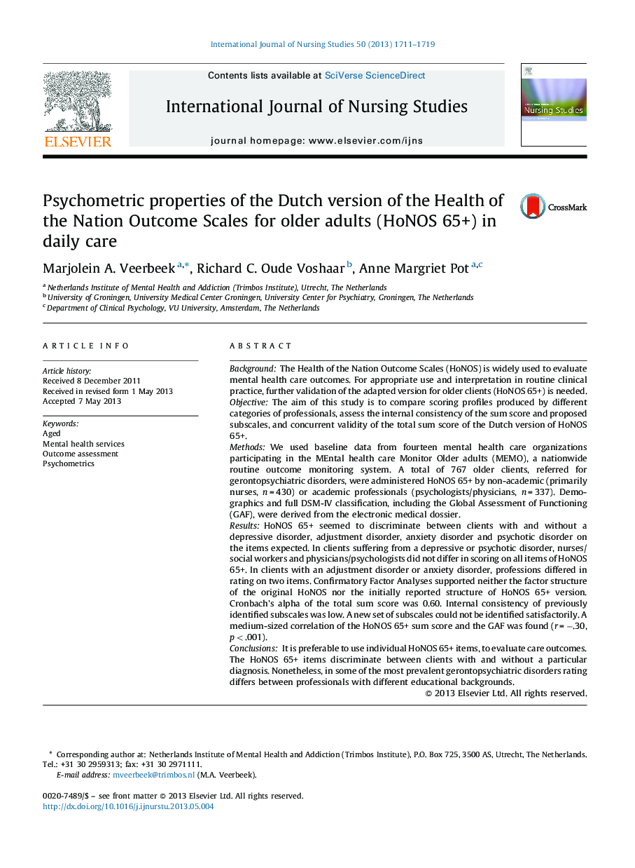 Psychometric properties of the Dutch version of the Health of the Nation Outcome Scales for older adults (HoNOS 65+) in daily care