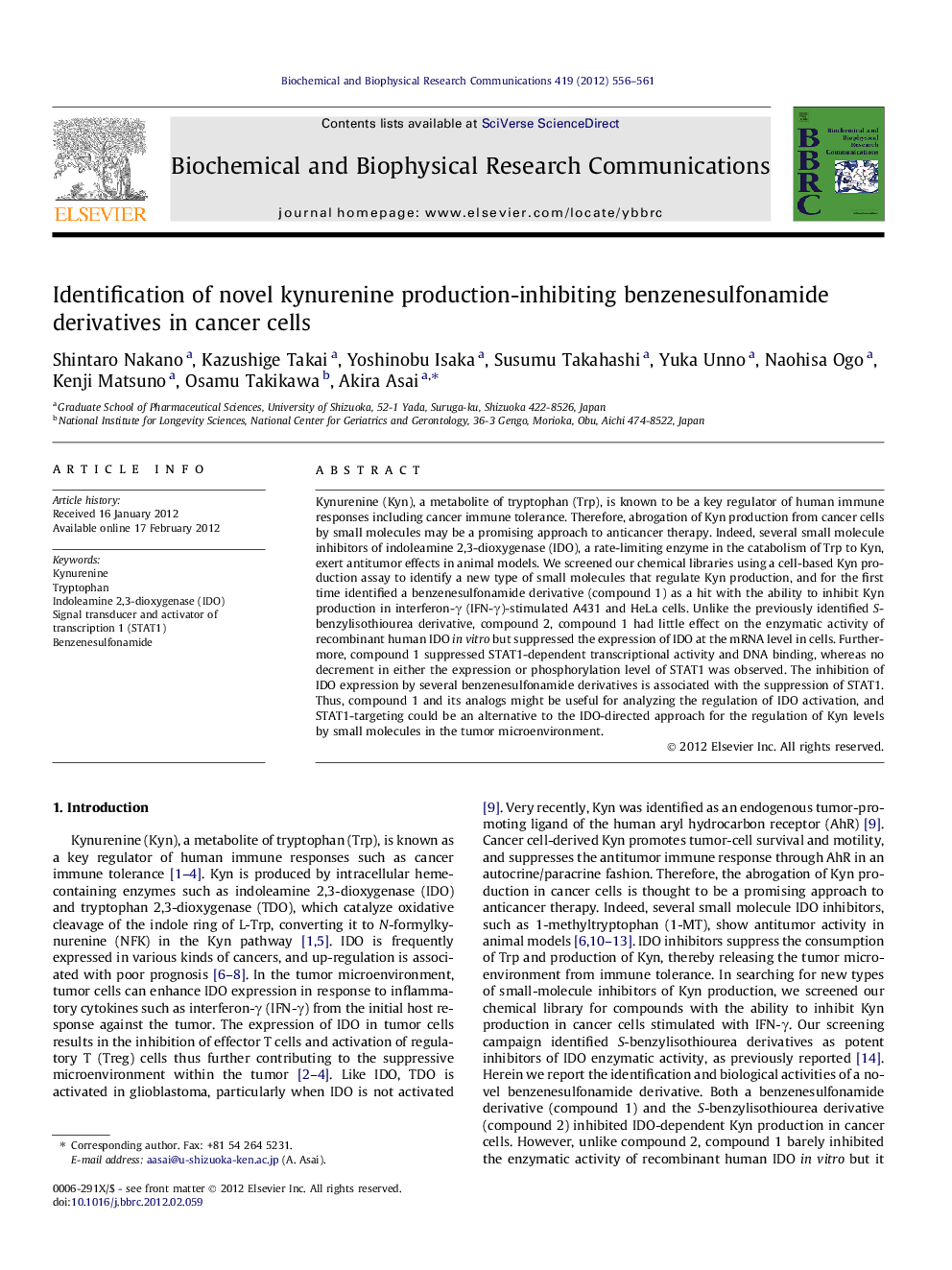 Identification of novel kynurenine production-inhibiting benzenesulfonamide derivatives in cancer cells