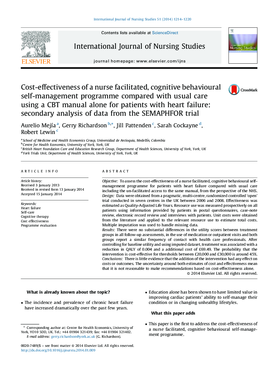 Cost-effectiveness of a nurse facilitated, cognitive behavioural self-management programme compared with usual care using a CBT manual alone for patients with heart failure: secondary analysis of data from the SEMAPHFOR trial