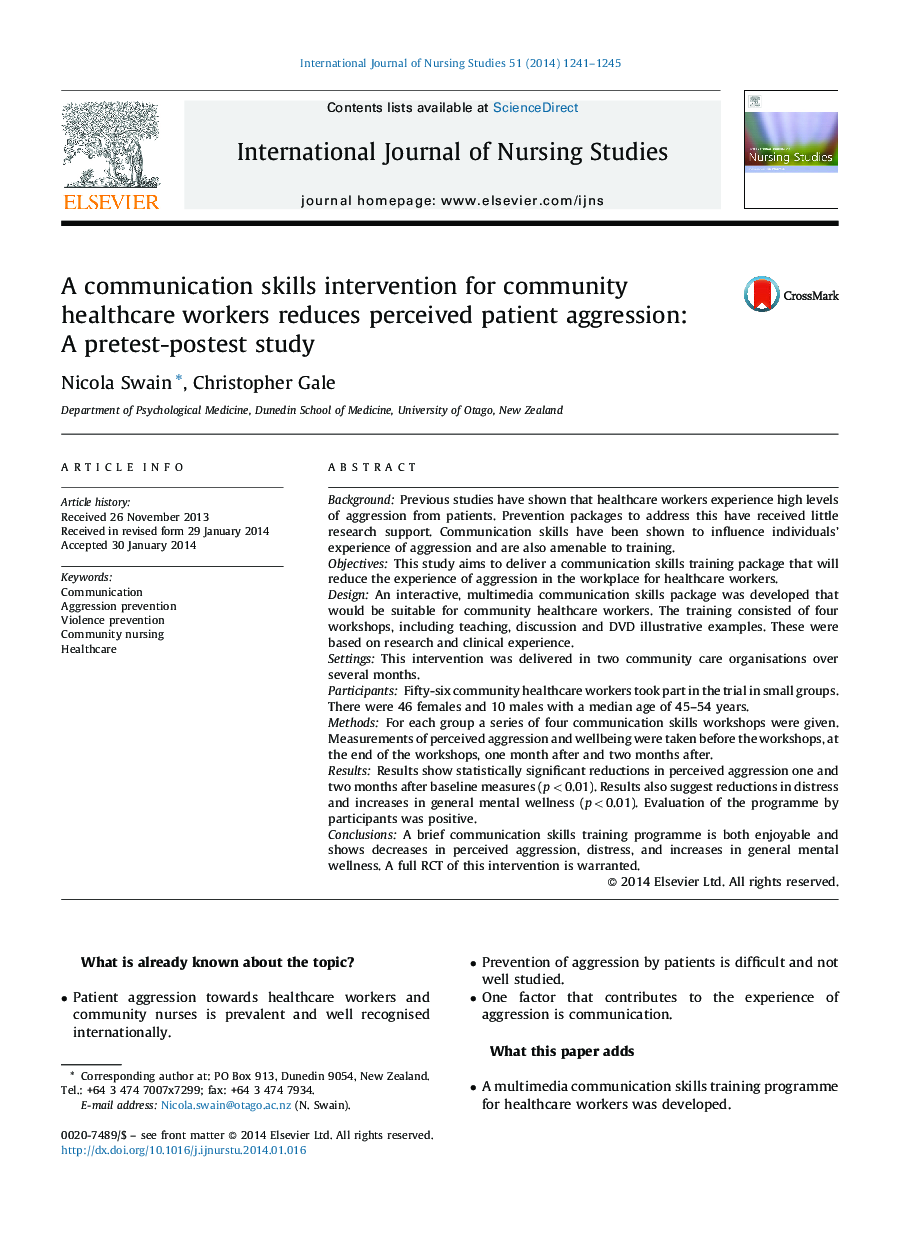 A communication skills intervention for community healthcare workers reduces perceived patient aggression: A pretest-postest study