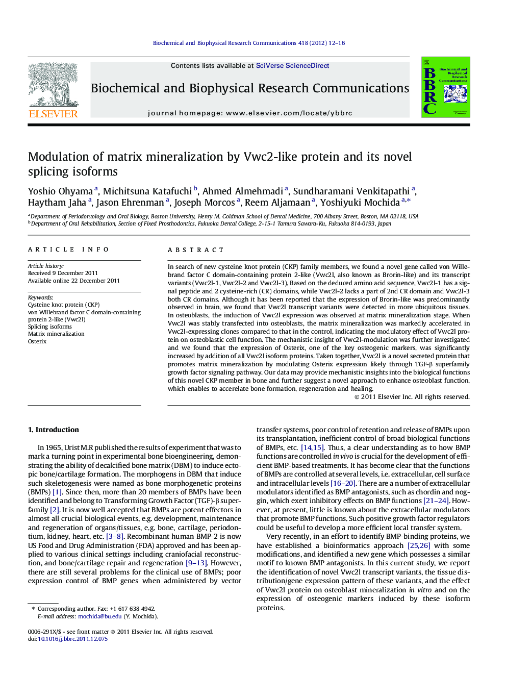 Modulation of matrix mineralization by Vwc2-like protein and its novel splicing isoforms