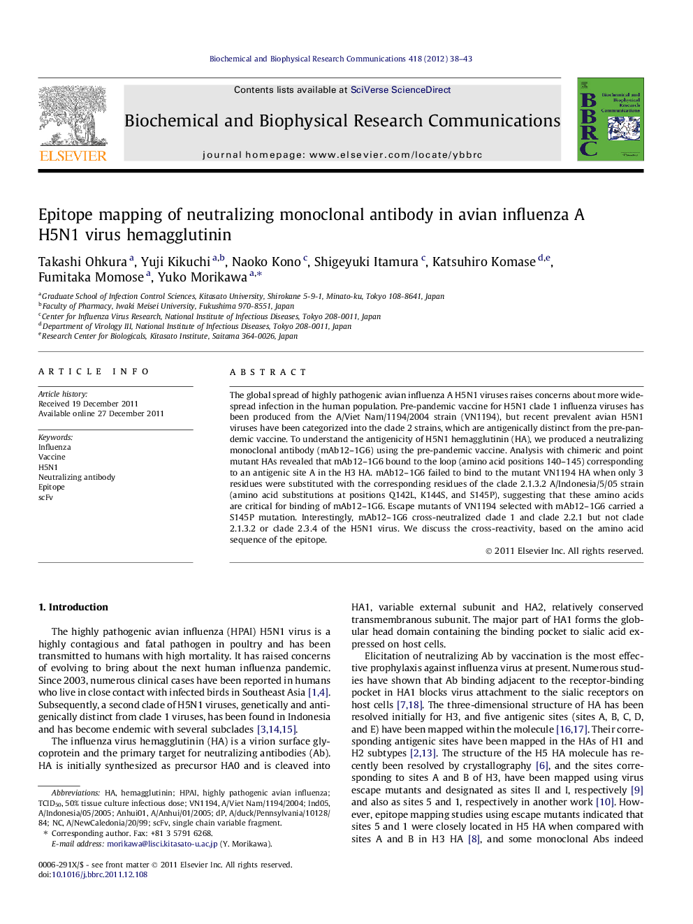 Epitope mapping of neutralizing monoclonal antibody in avian influenza A H5N1 virus hemagglutinin