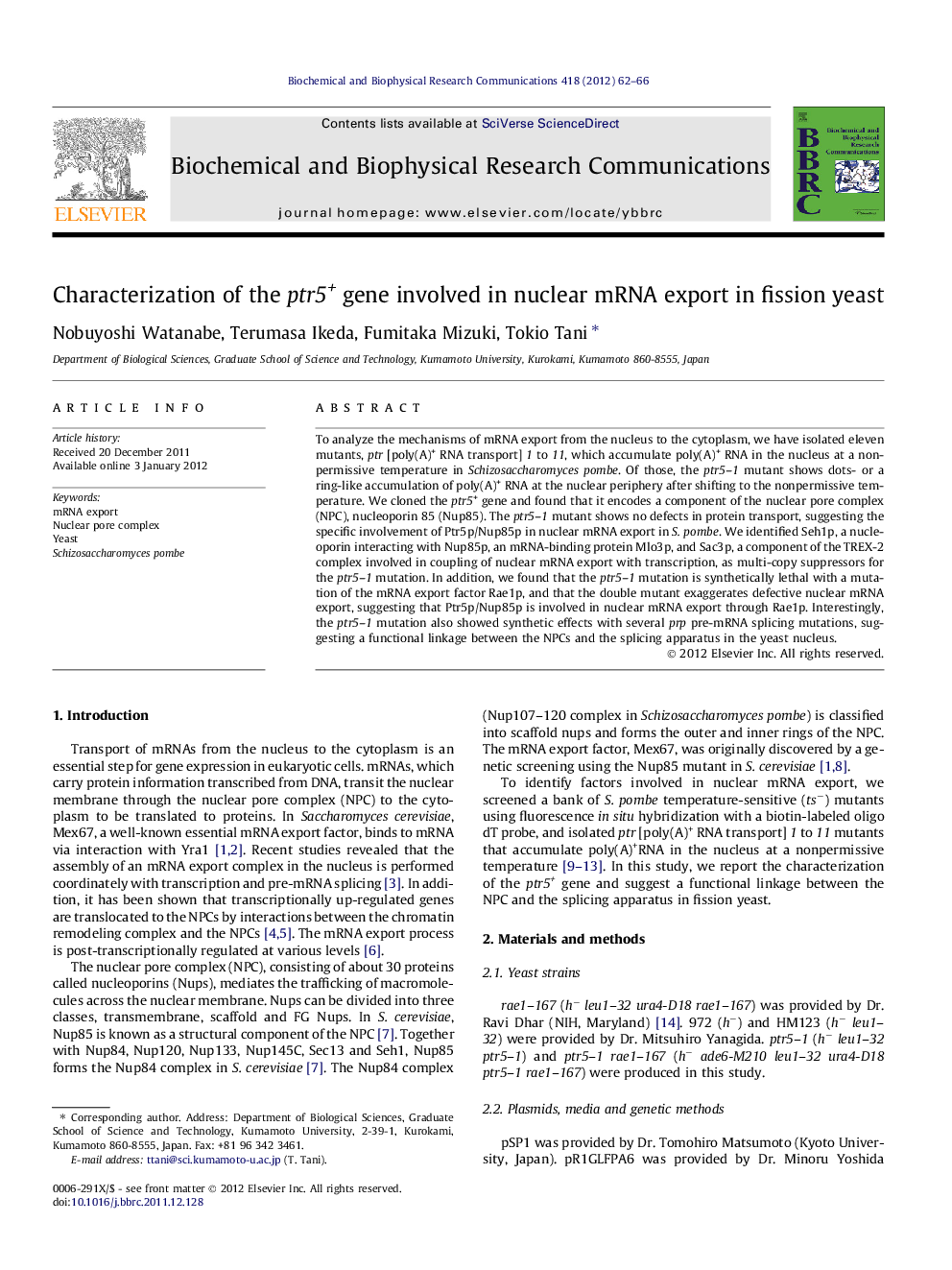 Characterization of the ptr5+ gene involved in nuclear mRNA export in fission yeast