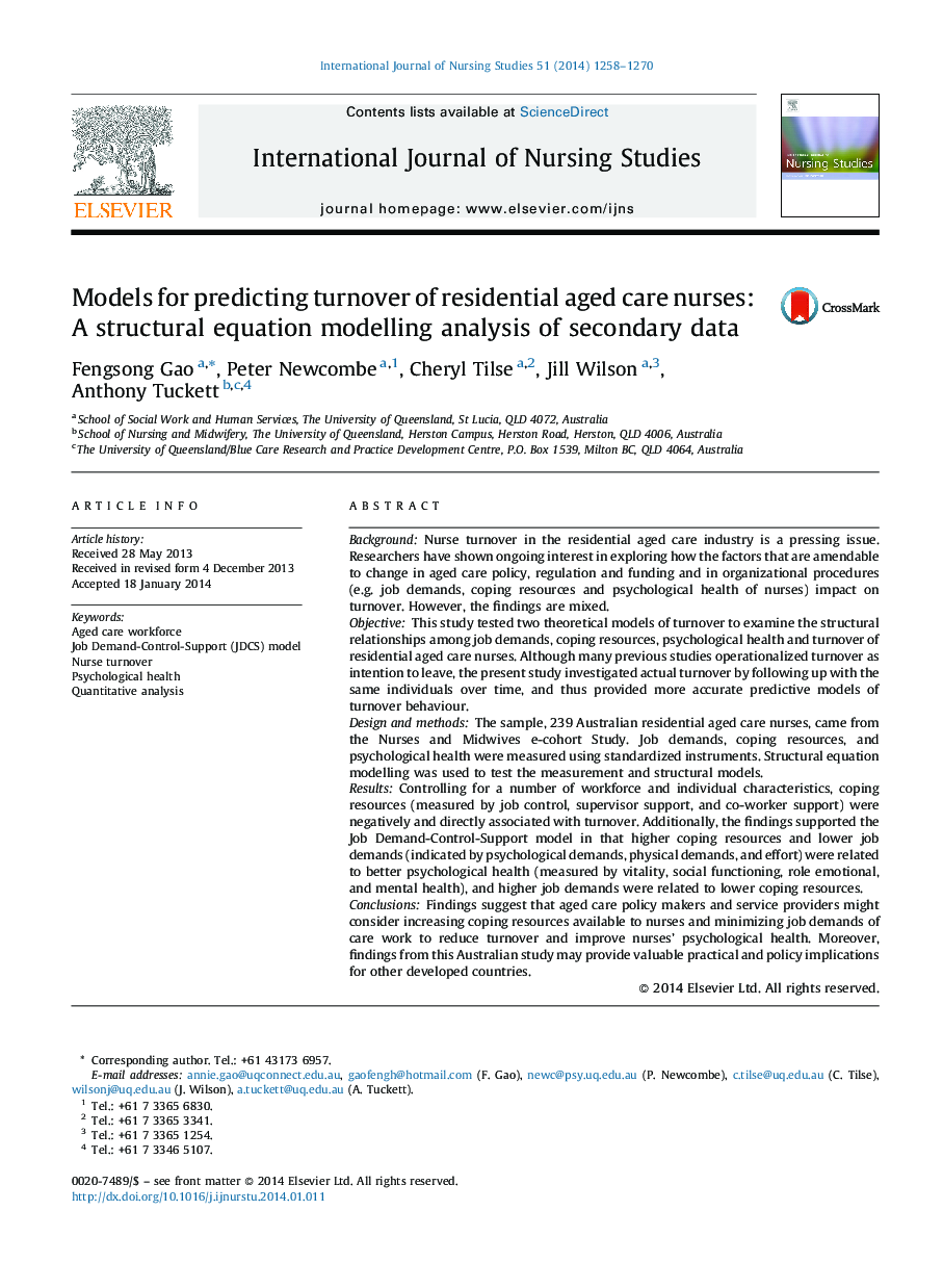 Models for predicting turnover of residential aged care nurses: A structural equation modelling analysis of secondary data