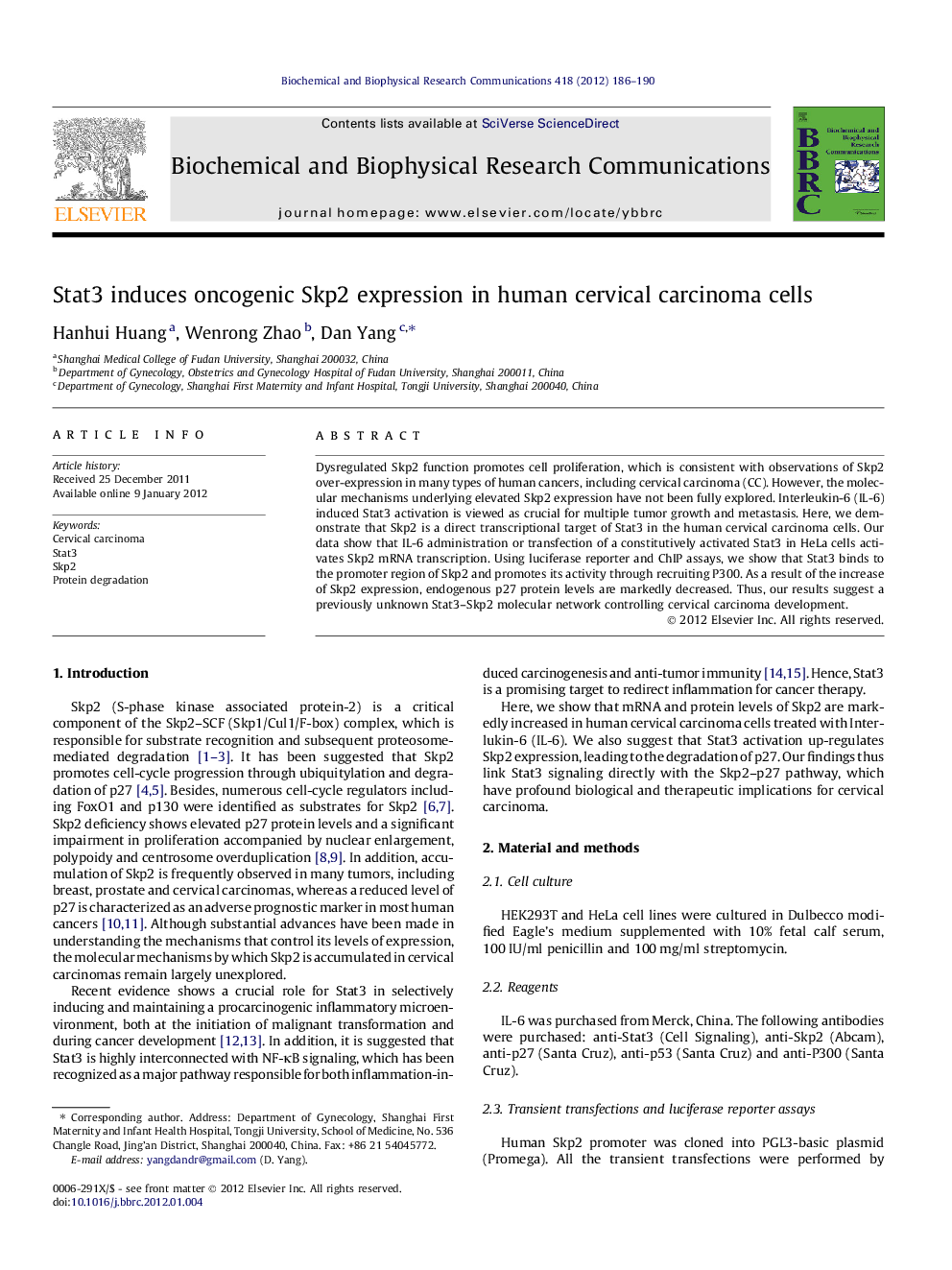 Stat3 induces oncogenic Skp2 expression in human cervical carcinoma cells