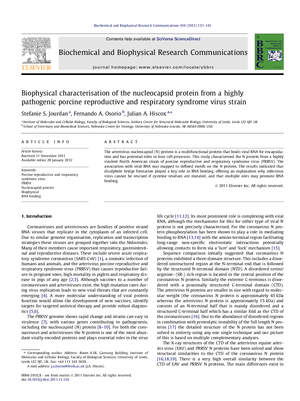 Biophysical characterisation of the nucleocapsid protein from a highly pathogenic porcine reproductive and respiratory syndrome virus strain