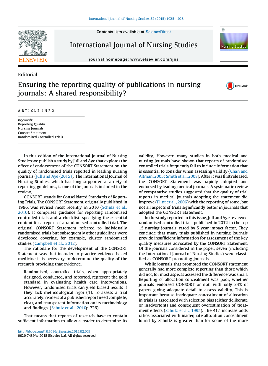 Ensuring the reporting quality of publications in nursing journals: A shared responsibility?