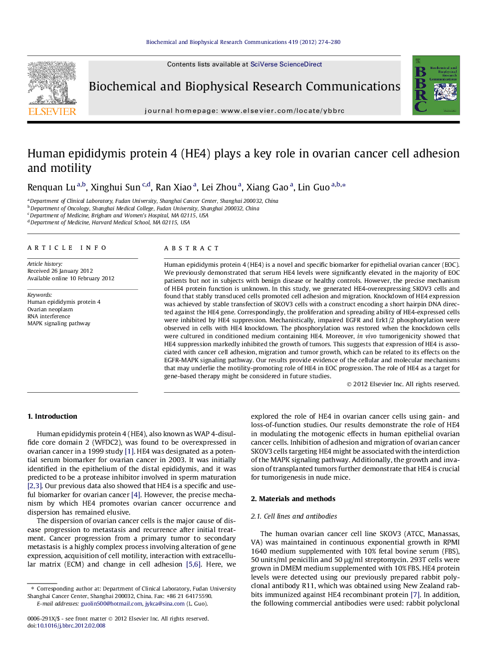 Human epididymis protein 4 (HE4) plays a key role in ovarian cancer cell adhesion and motility