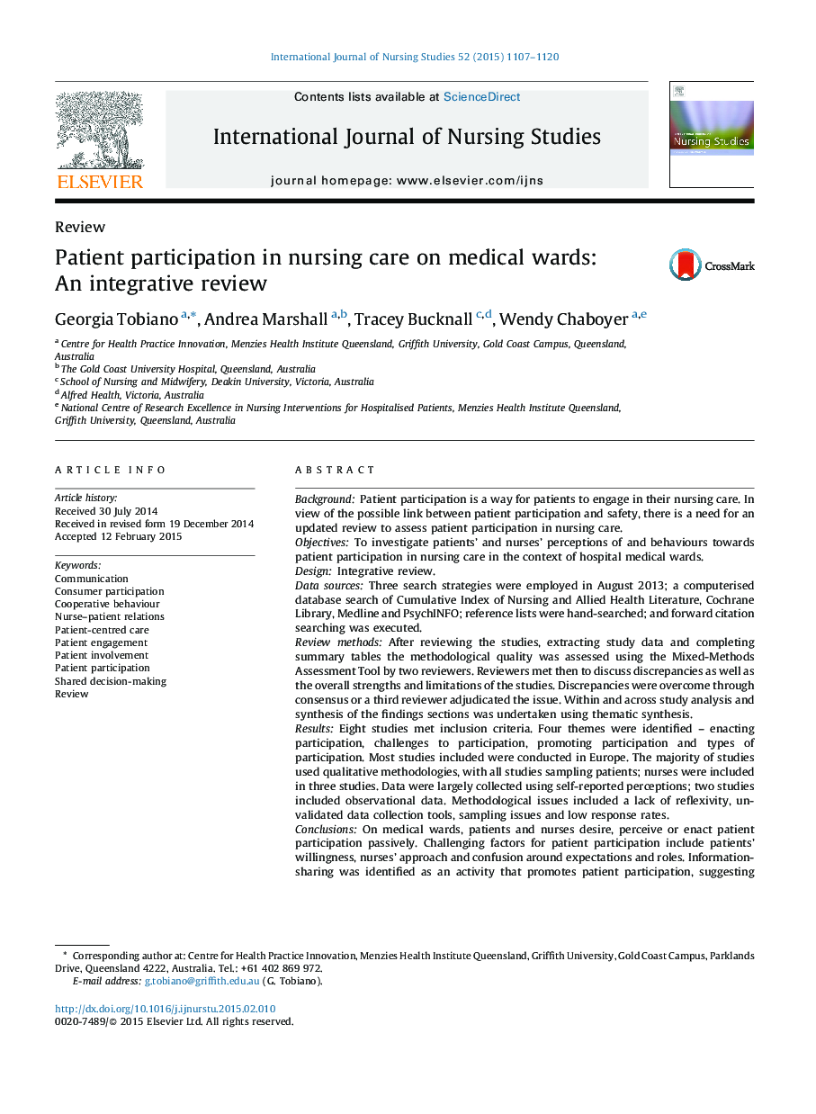 Patient participation in nursing care on medical wards: An integrative review