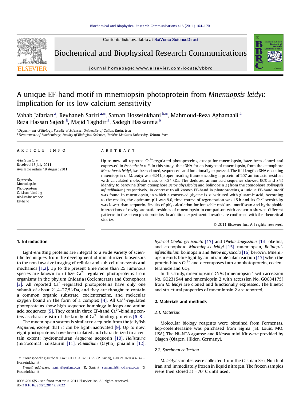 A unique EF-hand motif in mnemiopsin photoprotein from Mnemiopsis leidyi: Implication for its low calcium sensitivity