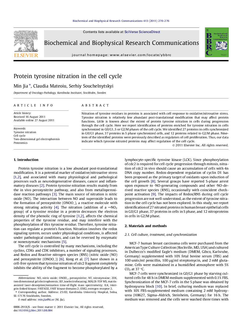 Protein tyrosine nitration in the cell cycle