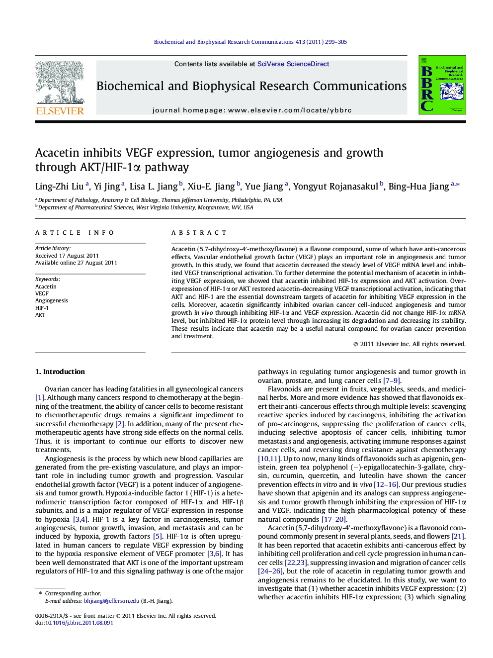 Acacetin inhibits VEGF expression, tumor angiogenesis and growth through AKT/HIF-1Î± pathway