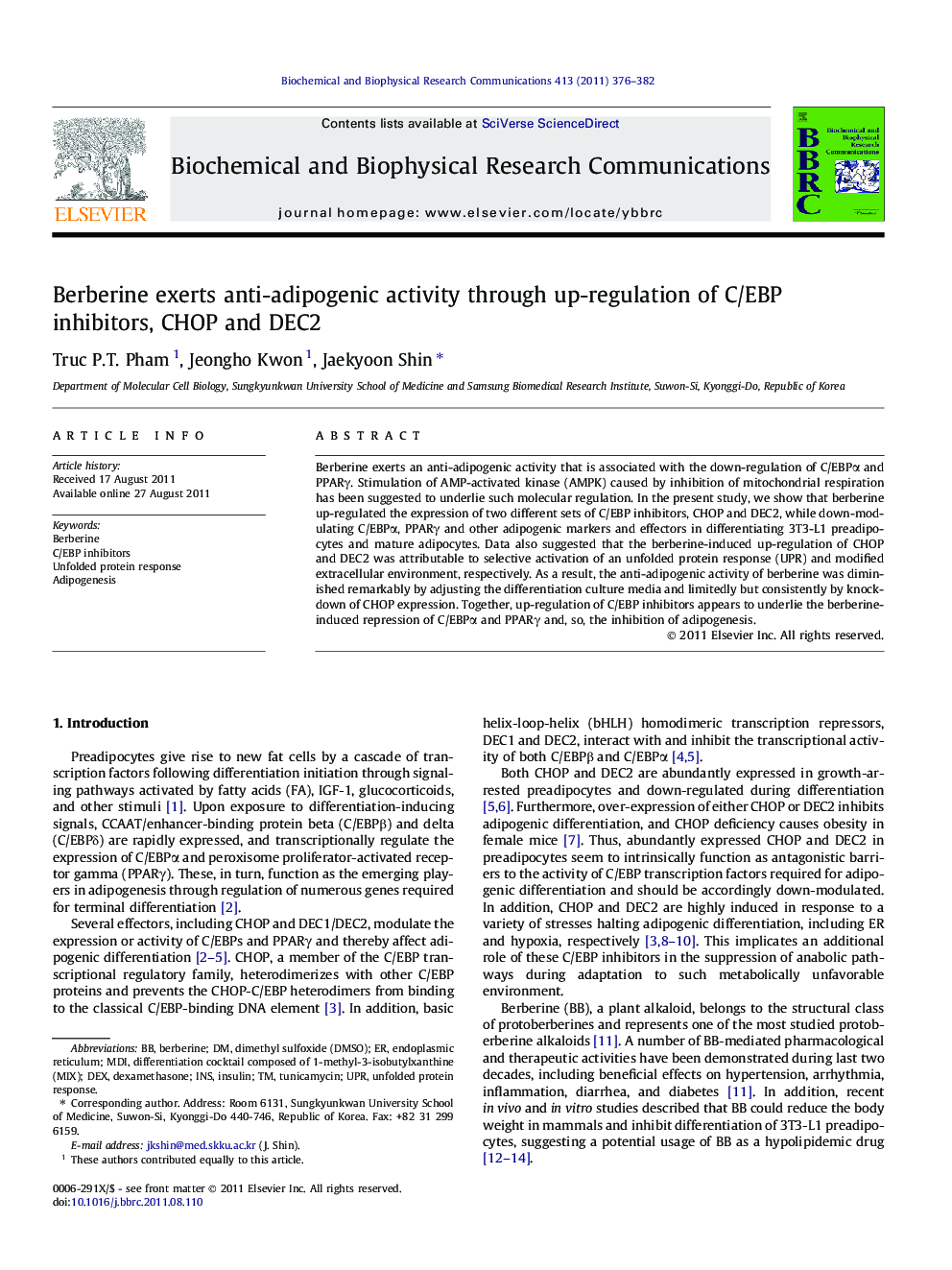 Berberine exerts anti-adipogenic activity through up-regulation of C/EBP inhibitors, CHOP and DEC2