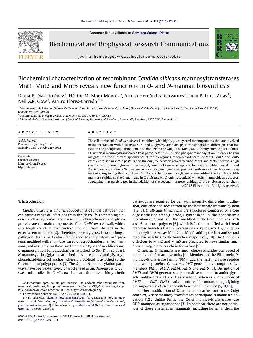 Biochemical characterization of recombinant Candida albicans mannosyltransferases Mnt1, Mnt2 and Mnt5 reveals new functions in O- and N-mannan biosynthesis