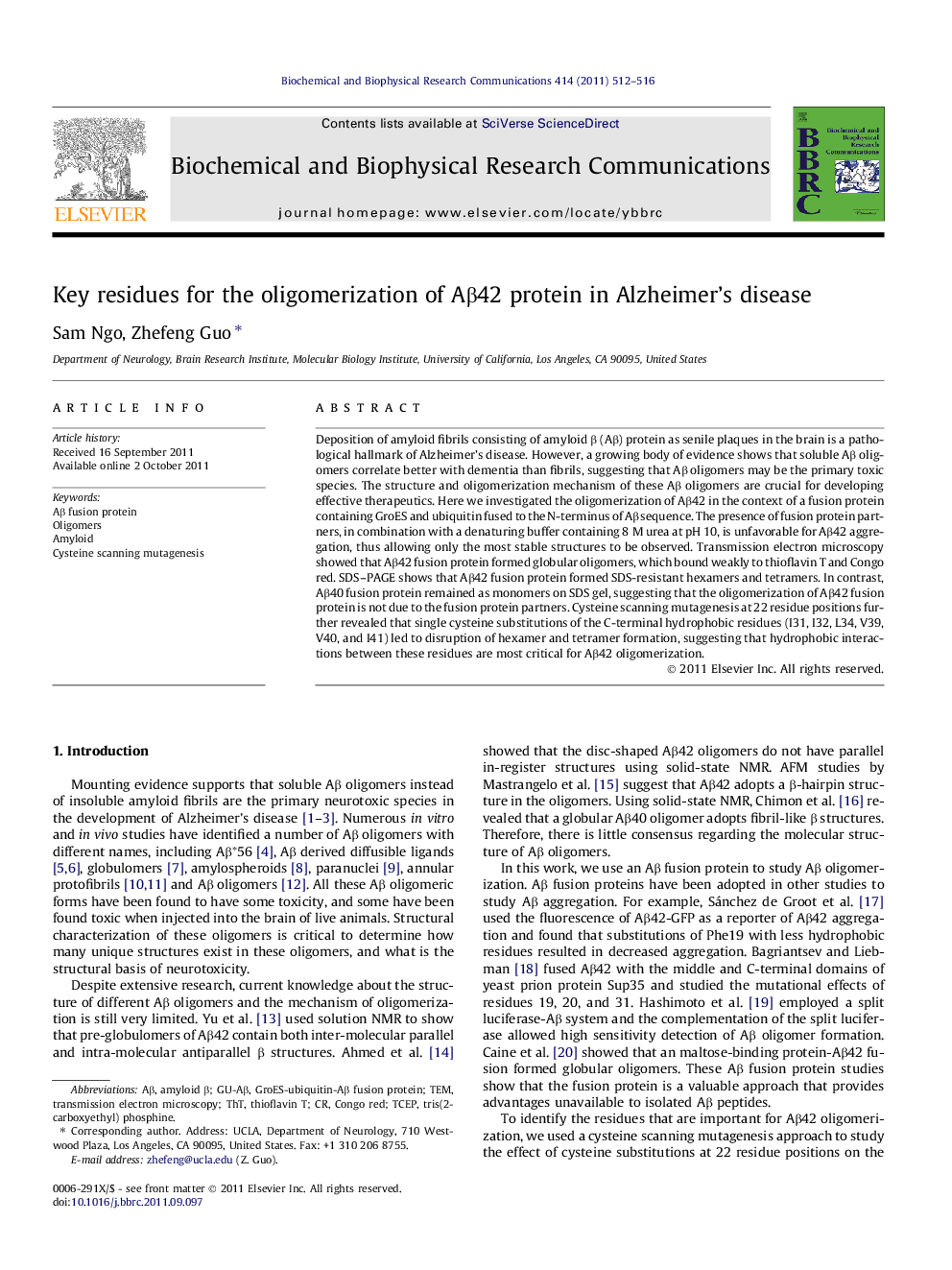 Key residues for the oligomerization of AÎ²42 protein in Alzheimer's disease