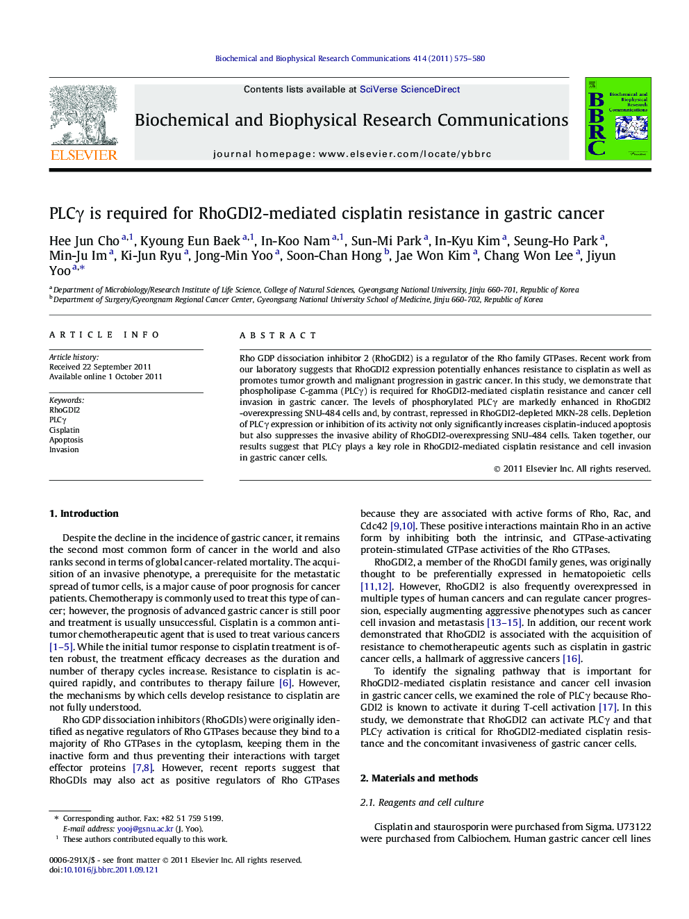 PLCÎ³ is required for RhoGDI2-mediated cisplatin resistance in gastric cancer