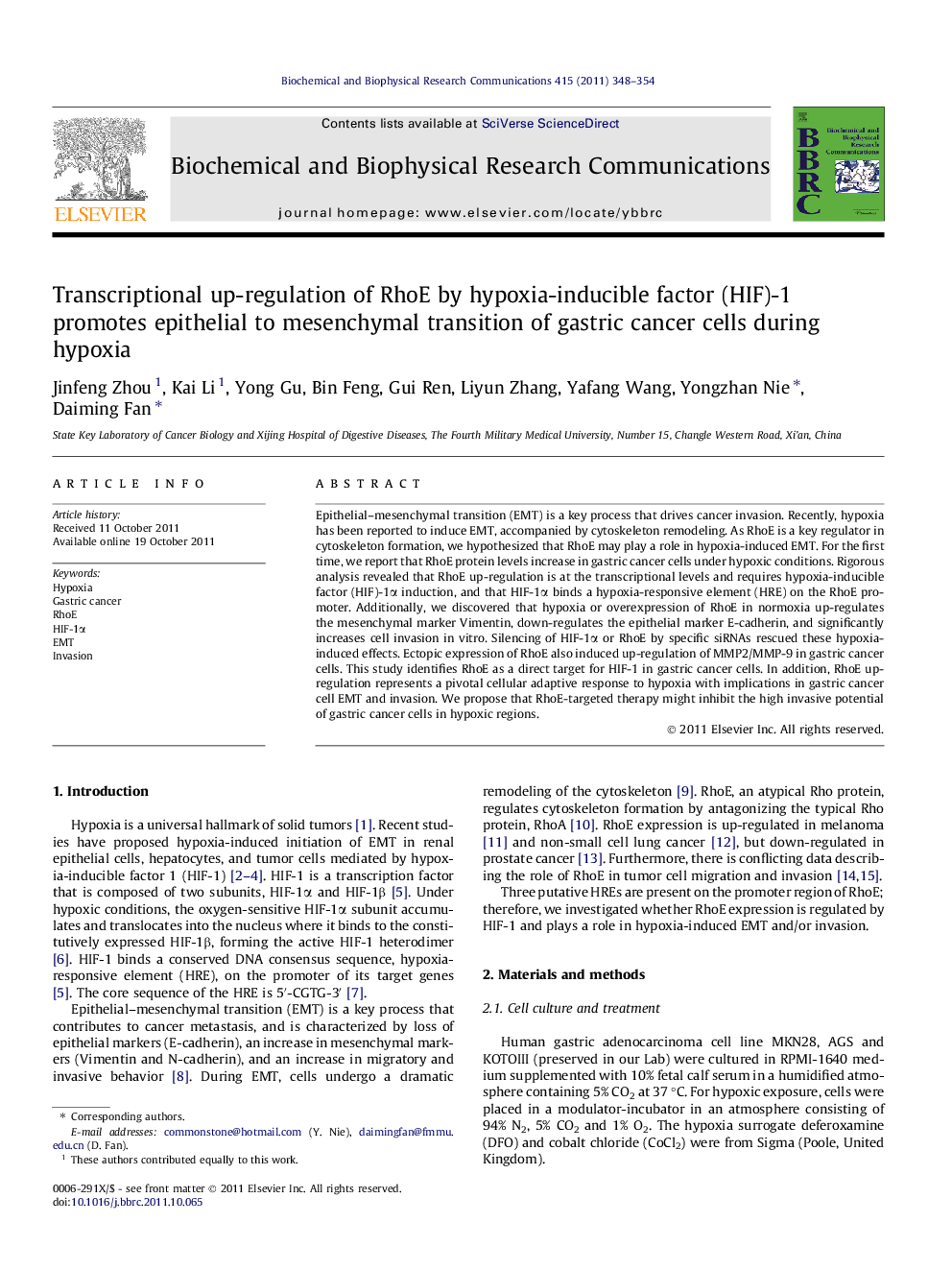 Transcriptional up-regulation of RhoE by hypoxia-inducible factor (HIF)-1 promotes epithelial to mesenchymal transition of gastric cancer cells during hypoxia